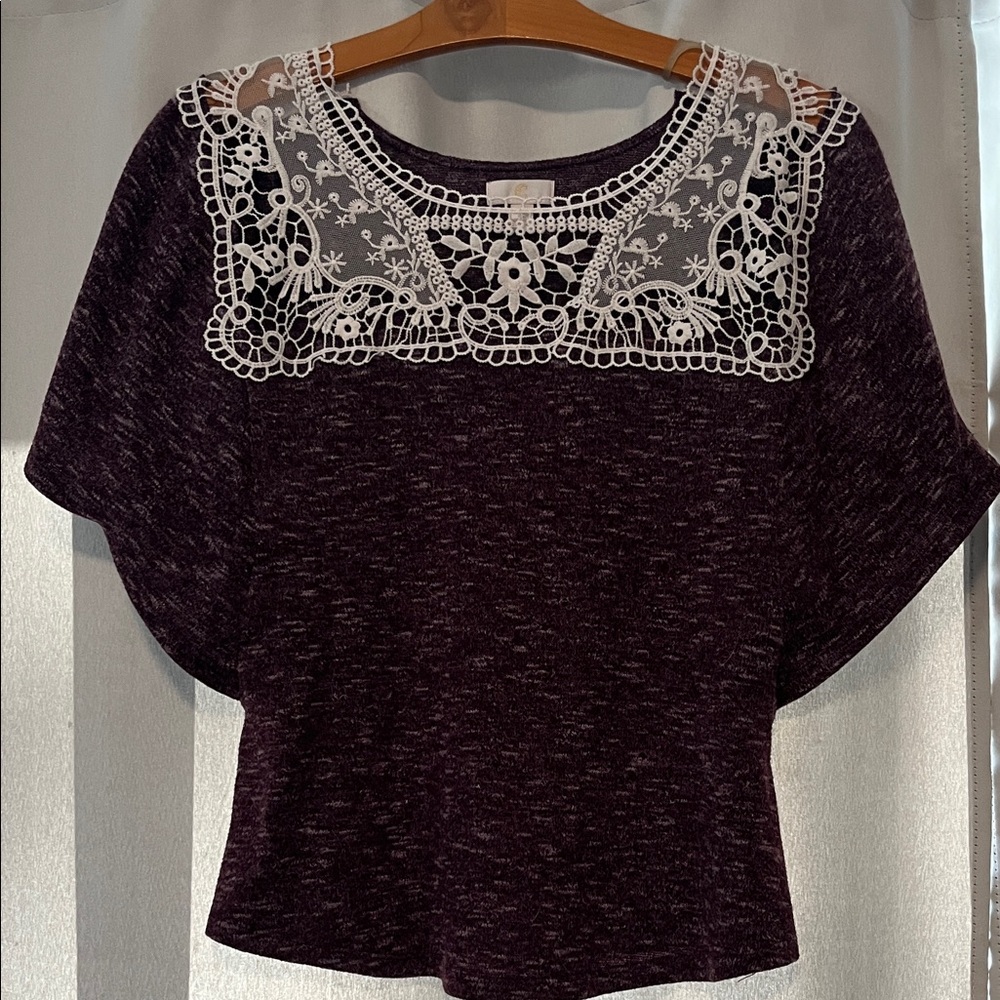 Charming Charlie Plum Knit Top with White Lace Yoke